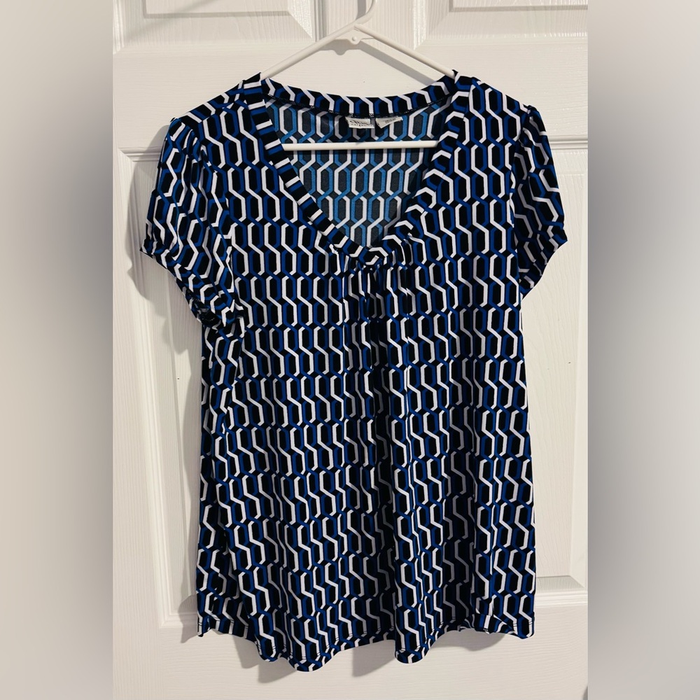 Maternity Geometric Print Blouse sz L Blue Black White
